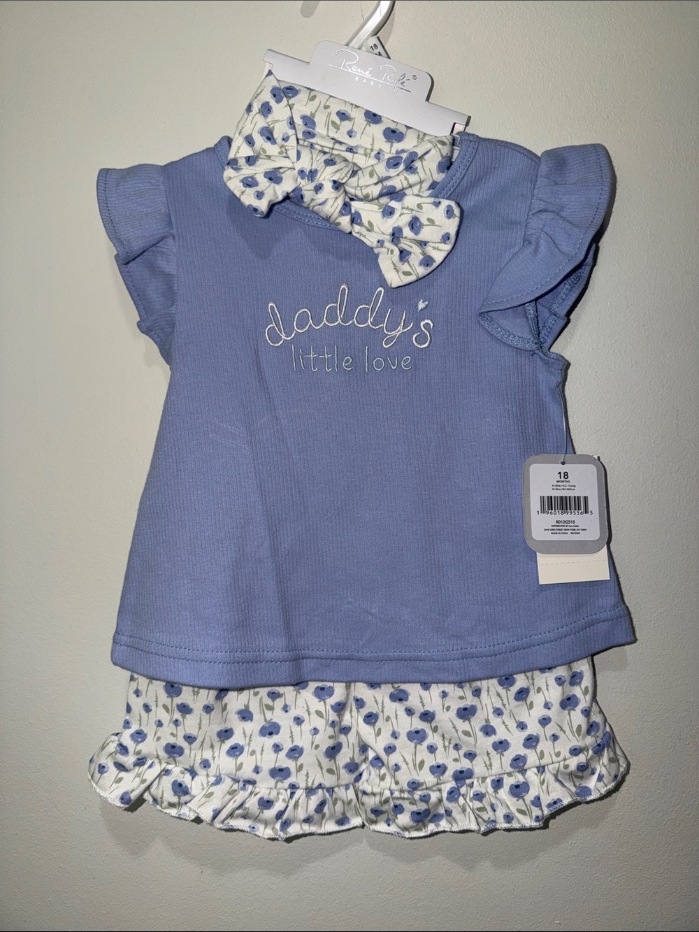 Daddy's Little Love Blue Baby Outfit with Floral Shorts & Headband